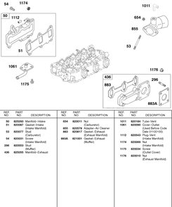 Intake Manifold, Exhaust Manifold, A/C Adapter Diagram and Parts List for 437447-0105-XX  Briggs and Stratton Engine